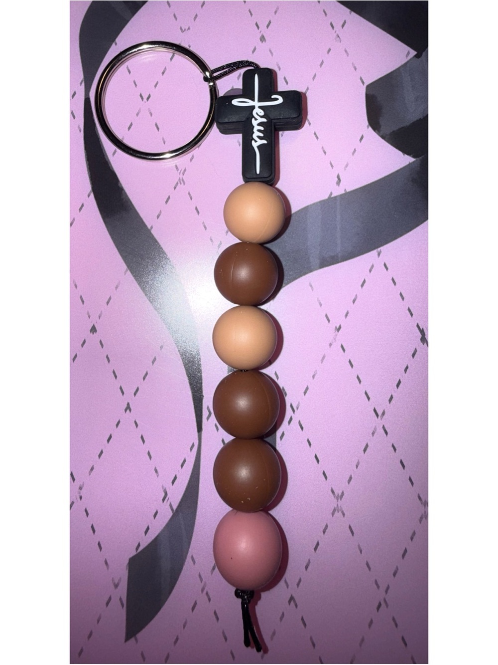 Beaded Cross Keychain - Pink, Brown & Tan